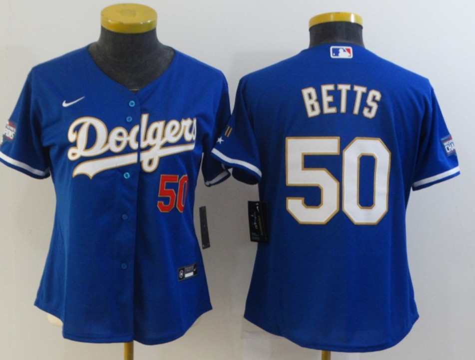 Women's Los Angeles Dodgers #50 Mookie Betts Blue Gold Championship Cool Base Stitched Jersey(Run Small)